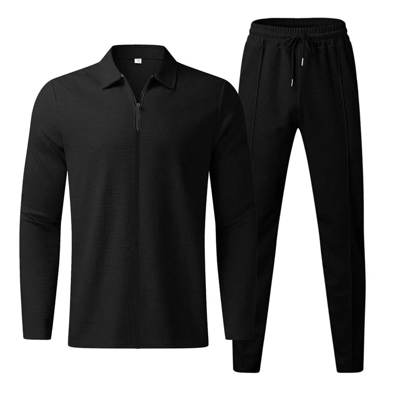 Men's waffle long-sleeve zip-up sports set