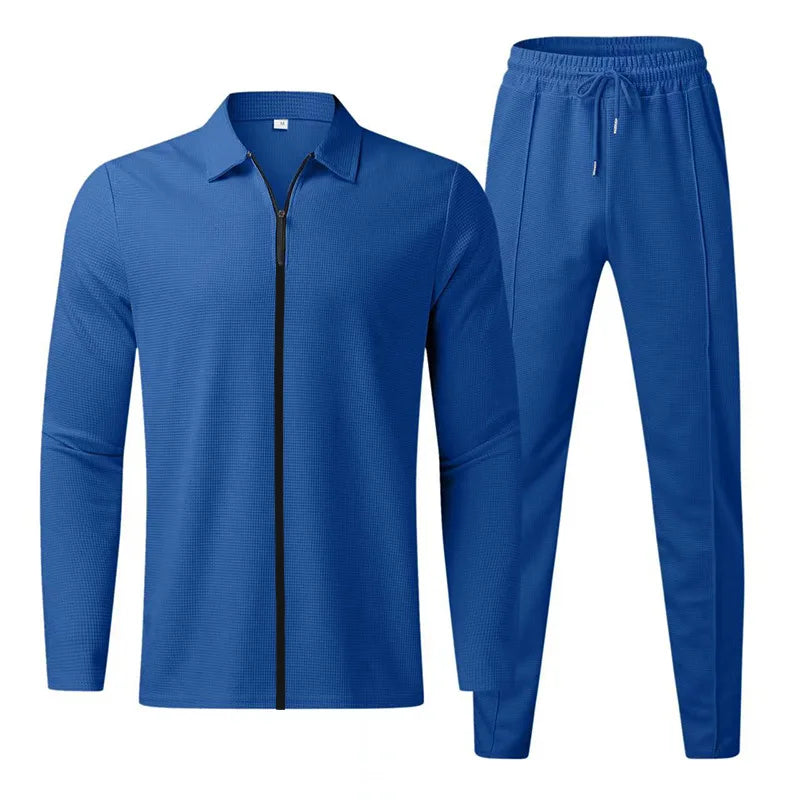 Men's waffle long-sleeve zip-up sports set