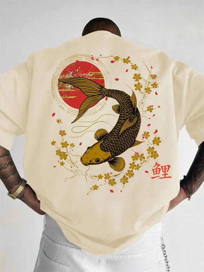 Men's Casual Koi & Cherry Blossom T-Shirt – Loose Fit Summer Top with Glossy Finish