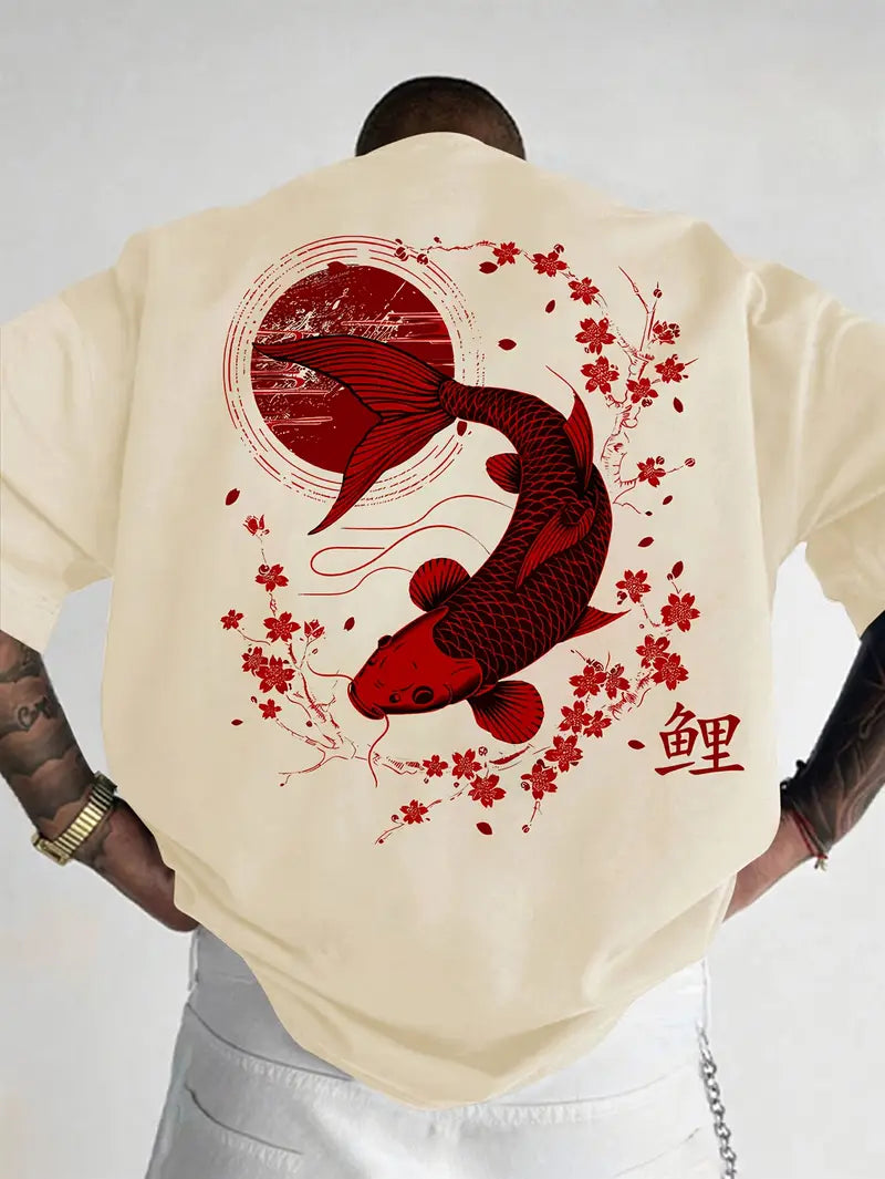 Men's Casual Koi & Cherry Blossom T-Shirt – Loose Fit Summer Top with Glossy Finish