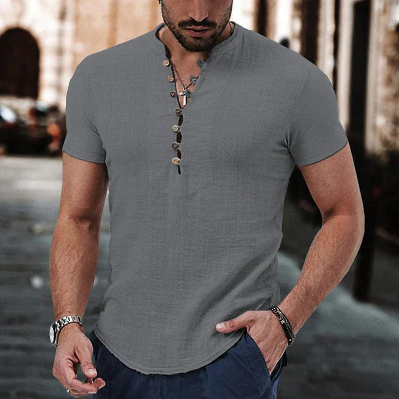 Men’s Henley Shirt – Cotton-Linen Blend – Slim Fit – Short Sleeve Casual Look - Solorfit