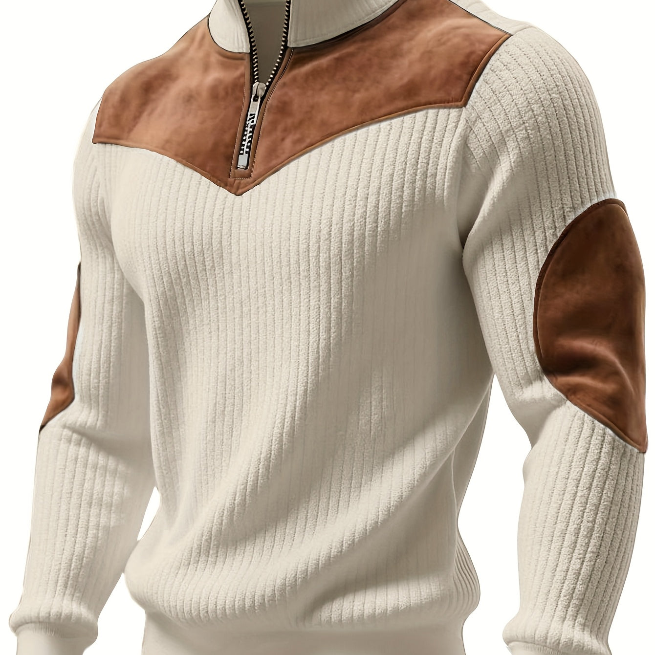 Half-Zip Retro Pullover Sweater for Men – Ribbed Patchwork Streetwear