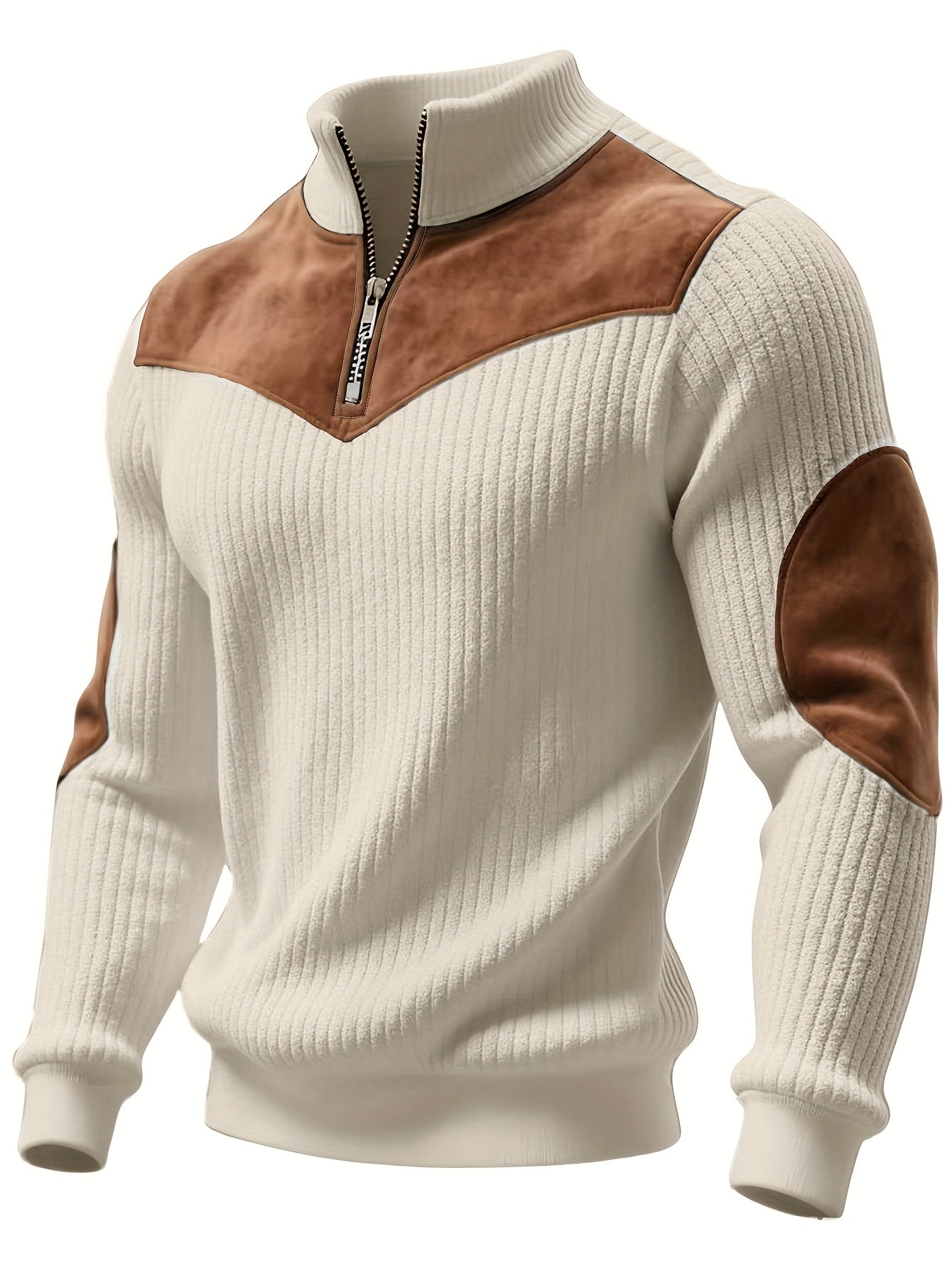 Half-Zip Retro Pullover Sweater for Men – Ribbed Patchwork Streetwear