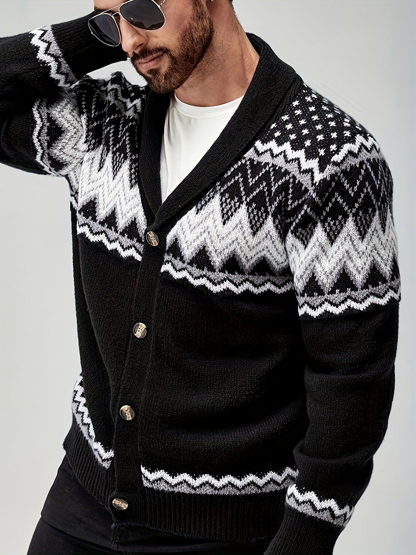 Men’s Geometric Pattern Cardigan – Button-Up Knit Sweater for Fall & Winter