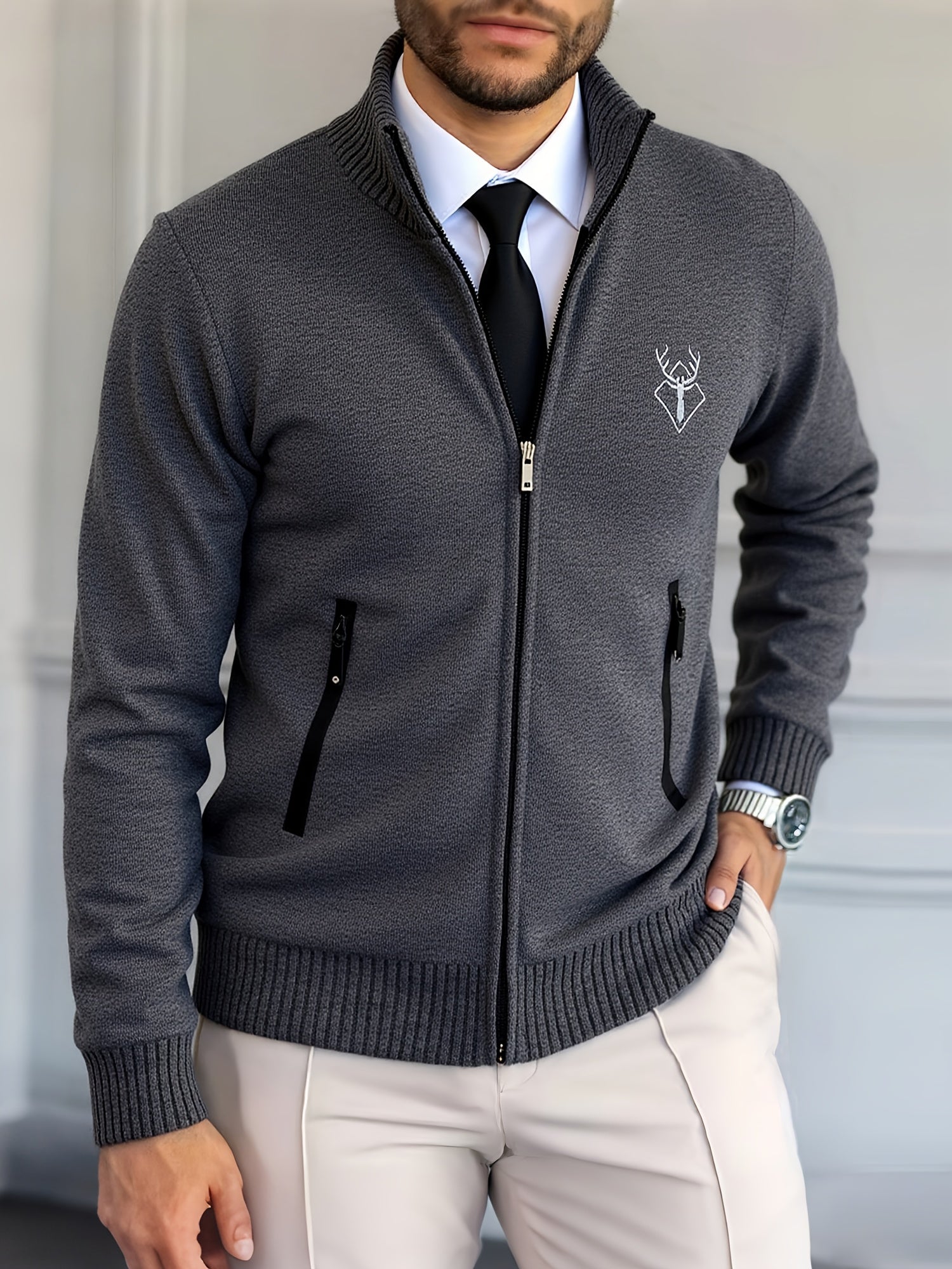 Men Lightweight Zip-Up Cardigan - Stand Collar Sweater Jacket