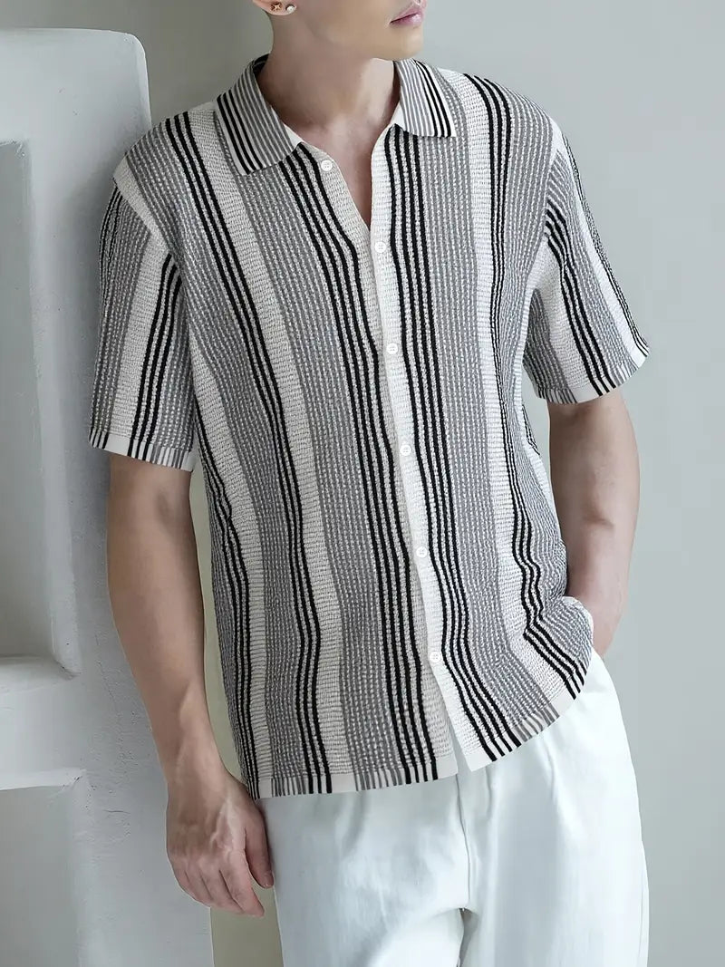 Solorfit | Men's Striped Blocked Short Sleeve Knit Shirt – Casual, Breathable, Stylish for Spring & Summer - Solorfit