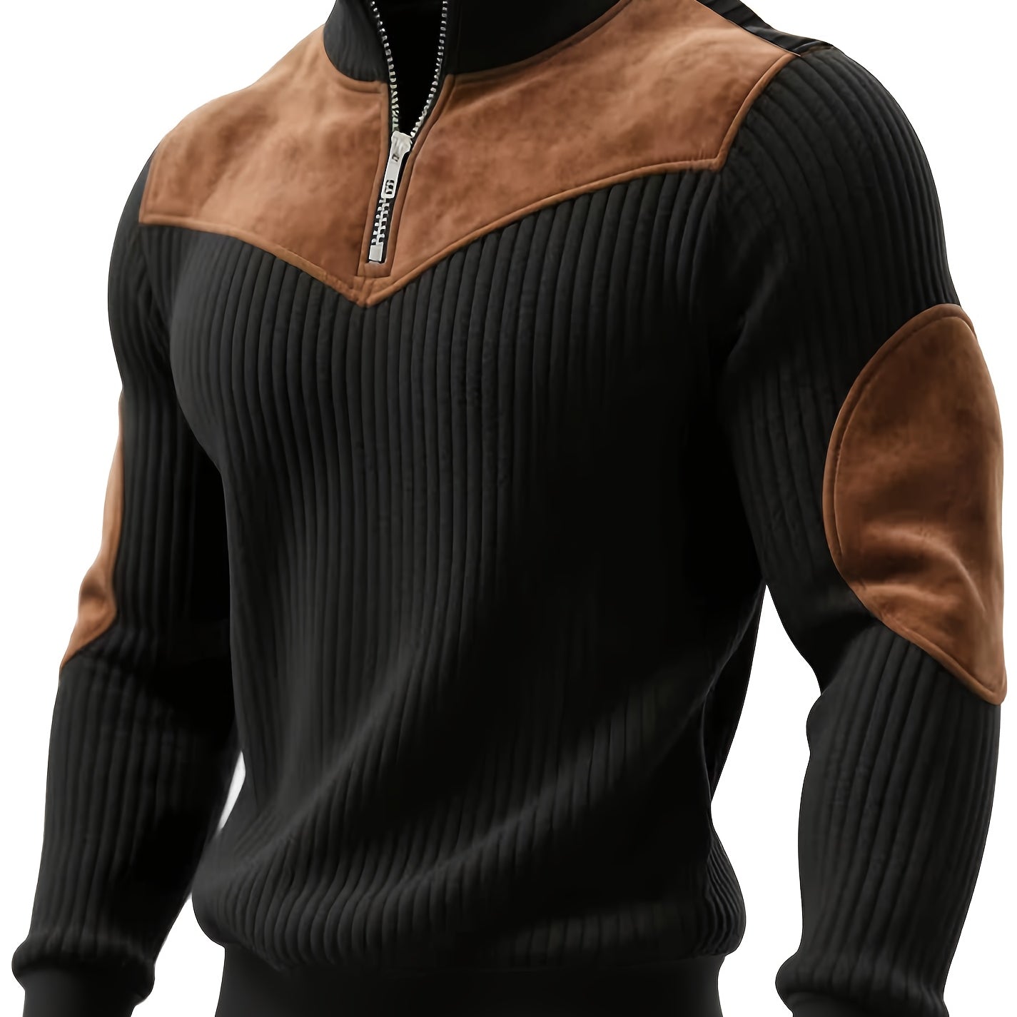 Half-Zip Retro Pullover Sweater for Men – Ribbed Patchwork Streetwear