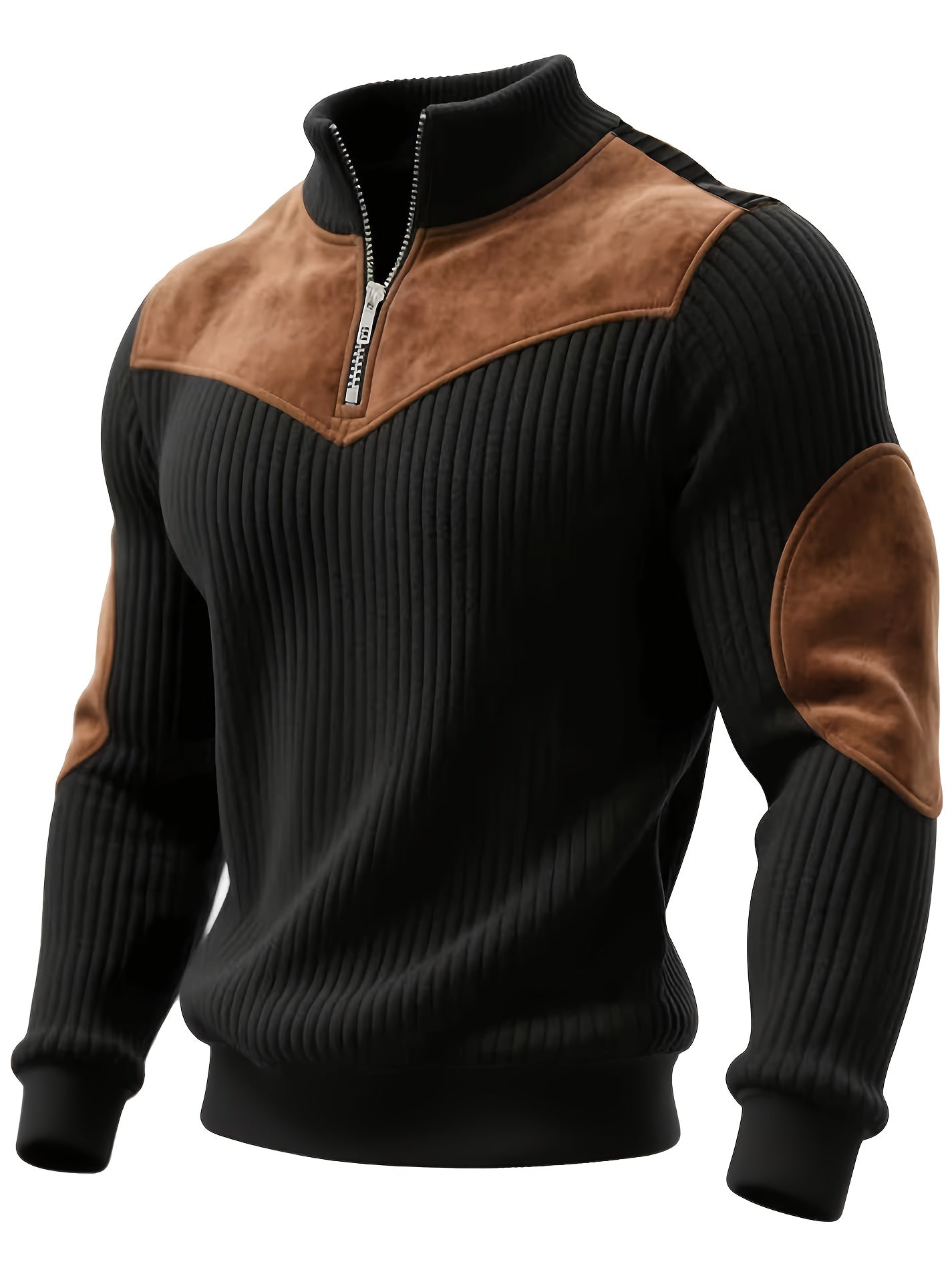 Half-Zip Retro Pullover Sweater for Men – Ribbed Patchwork Streetwear