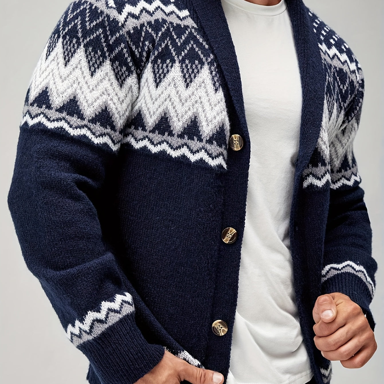 Men’s Geometric Pattern Cardigan – Button-Up Knit Sweater for Fall & Winter