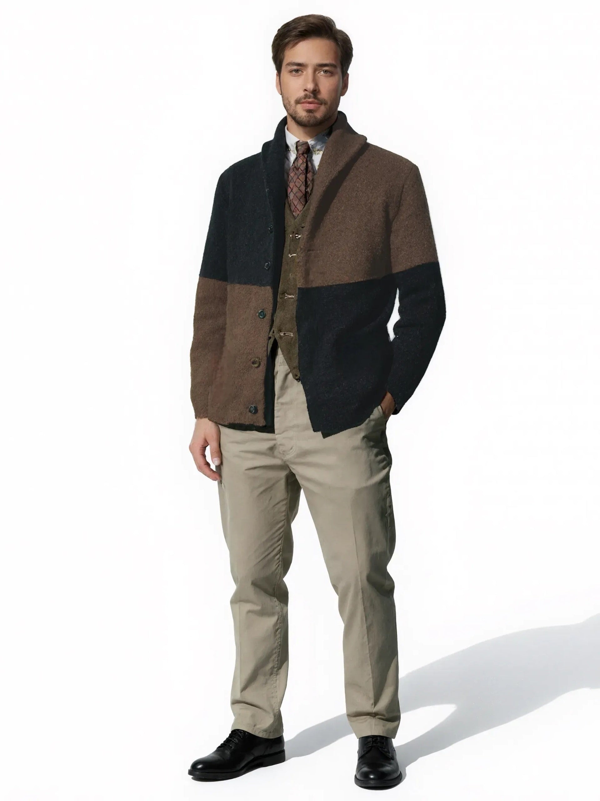 Men’s Thick Warm Cardigan – Block Knit Button-Up Jacket - Solorfit