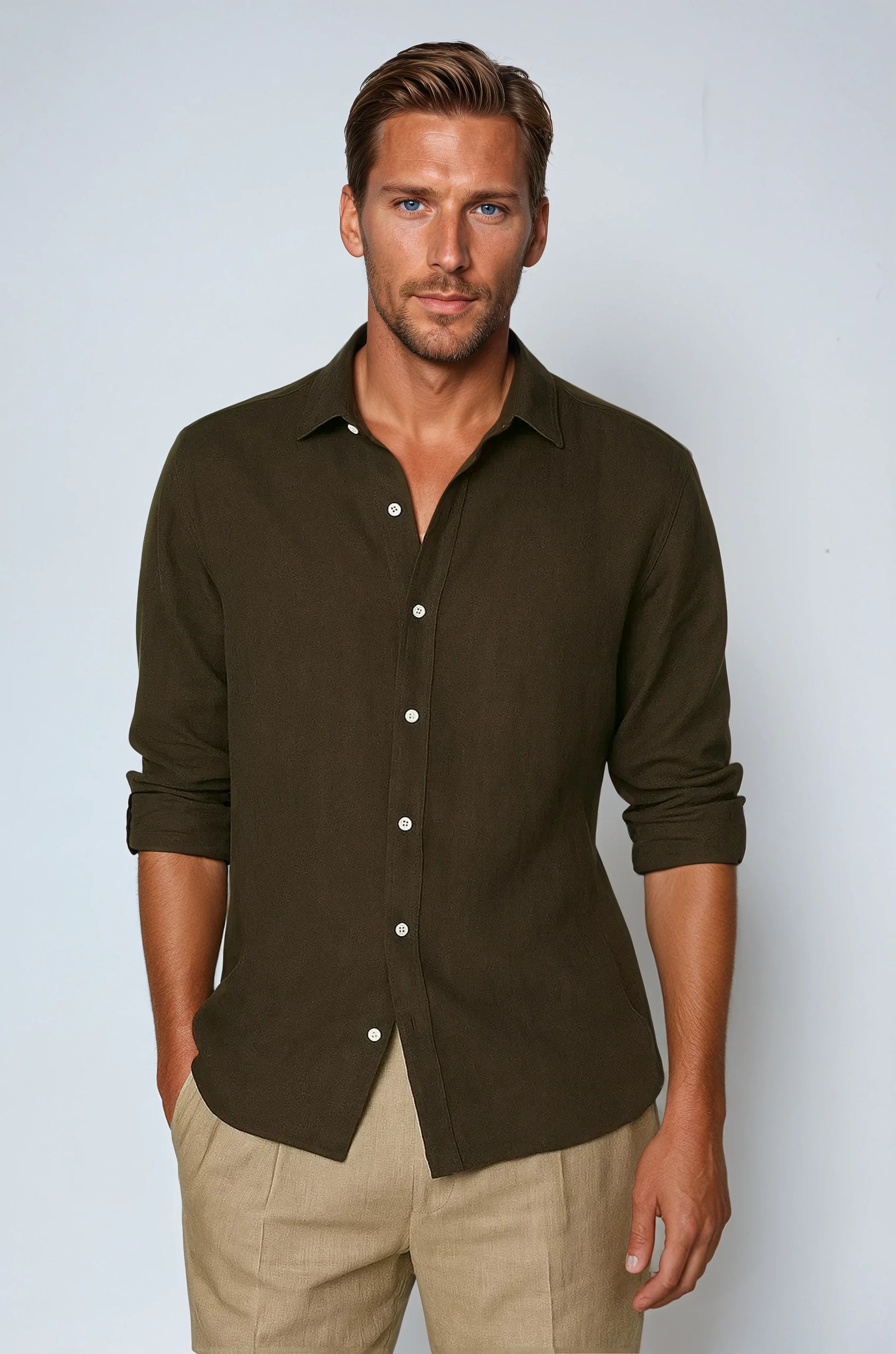 Essential Men Lightweight Linen Shirt - Deep Brown - Solorfit