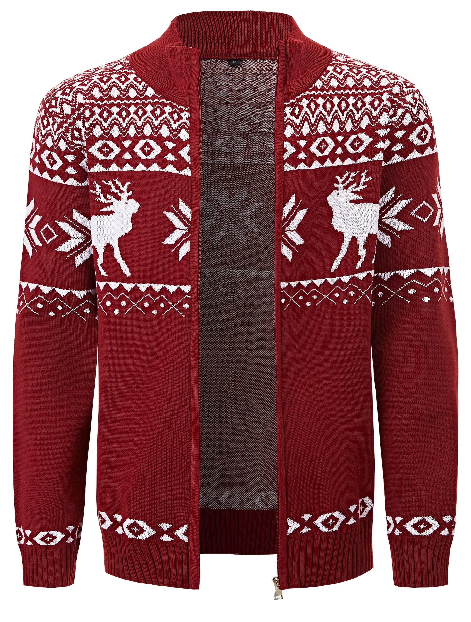 Men Christmas Reindeer Pattern Casual Knit Zip Cardigan