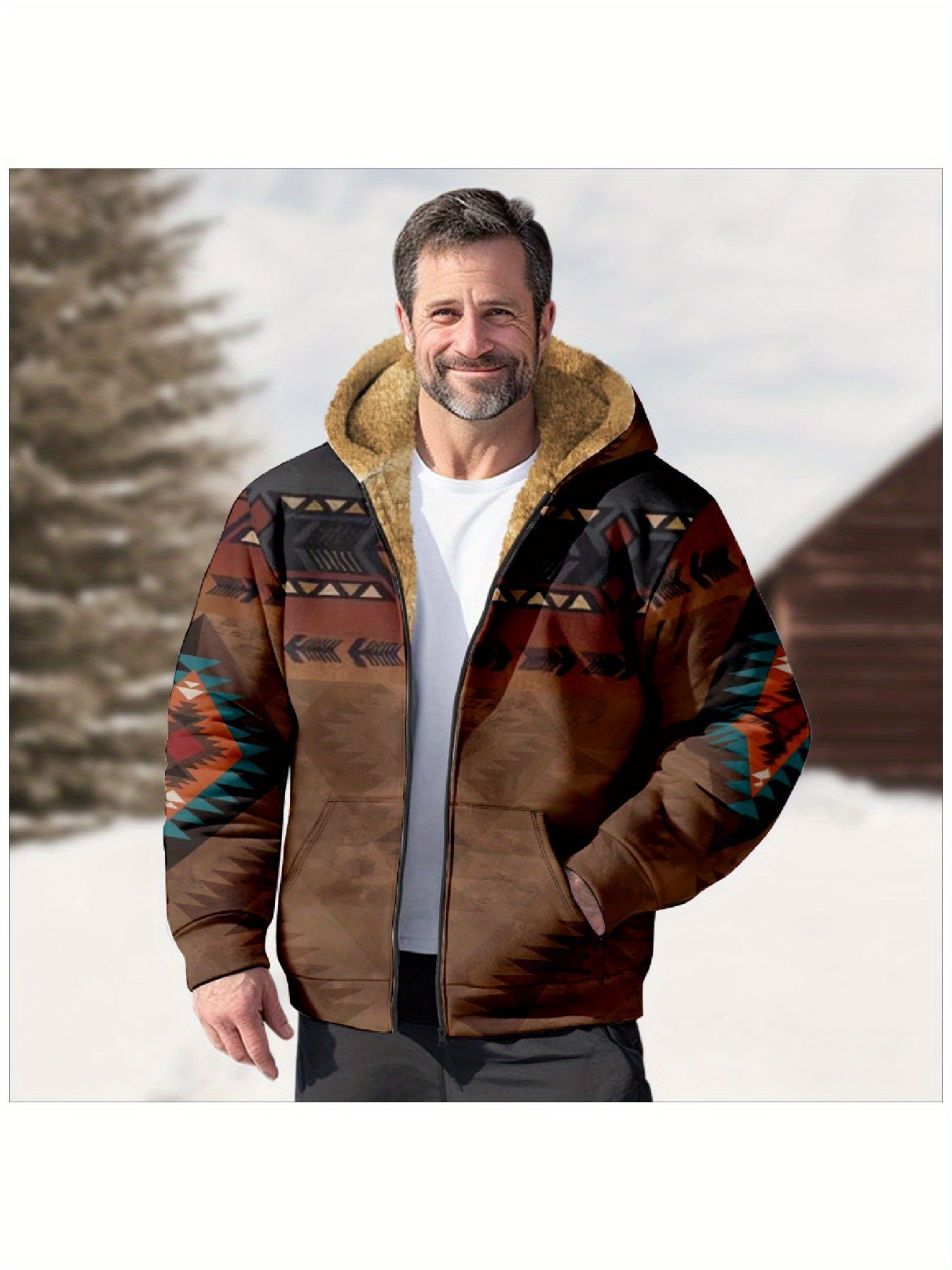 Men’s Bohemian Print Fleece-Lined Hoodie Set – Vintage Ethnic Style Autumn/Winter Outfit