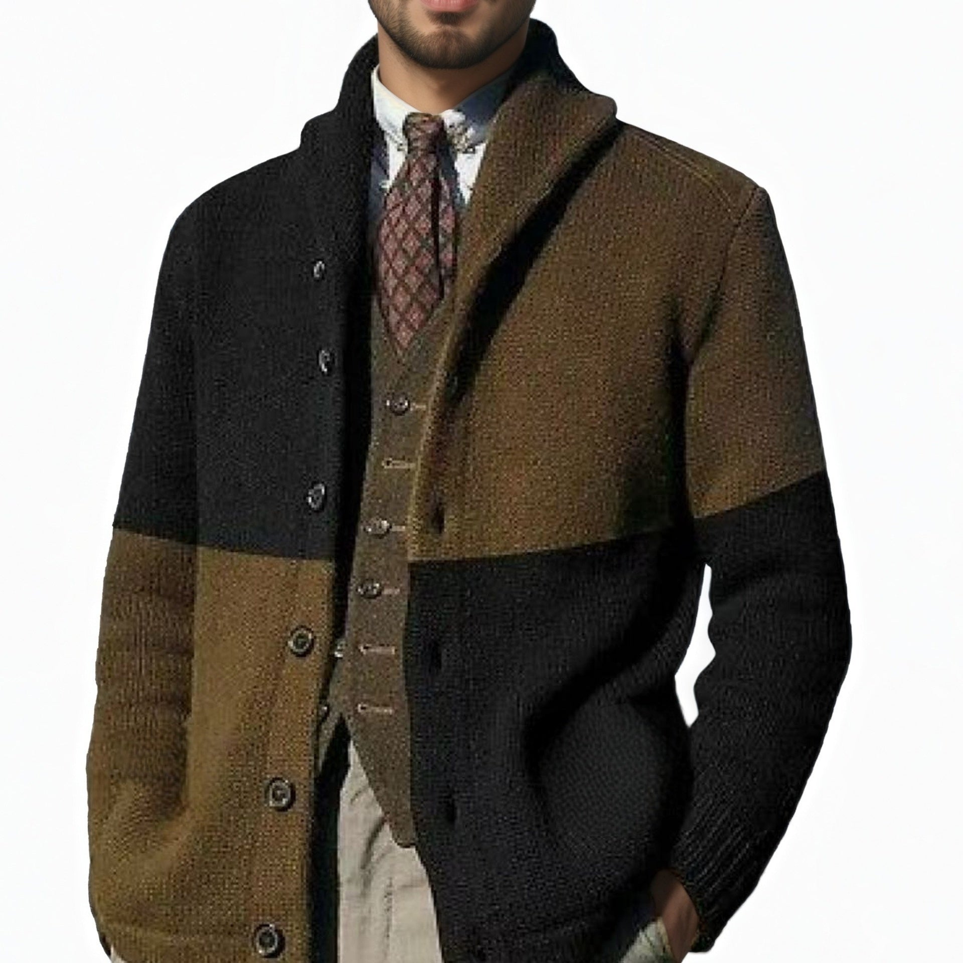 Men’s Thick Warm Cardigan – Block Knit Button-Up Jacket - Solorfit
