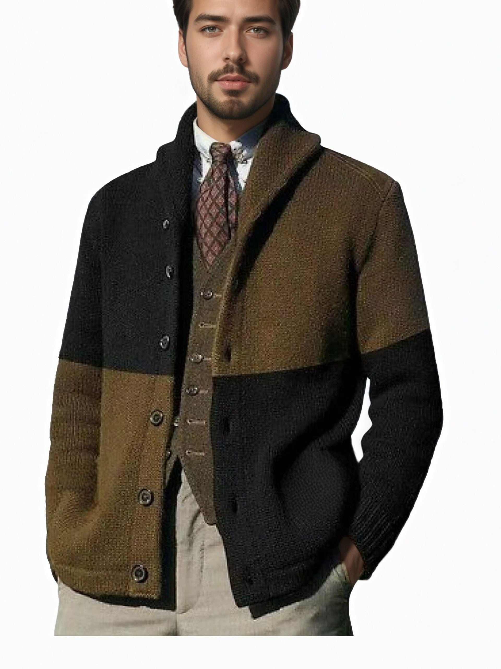 Men’s Thick Warm Cardigan – Block Knit Button-Up Jacket - Solorfit