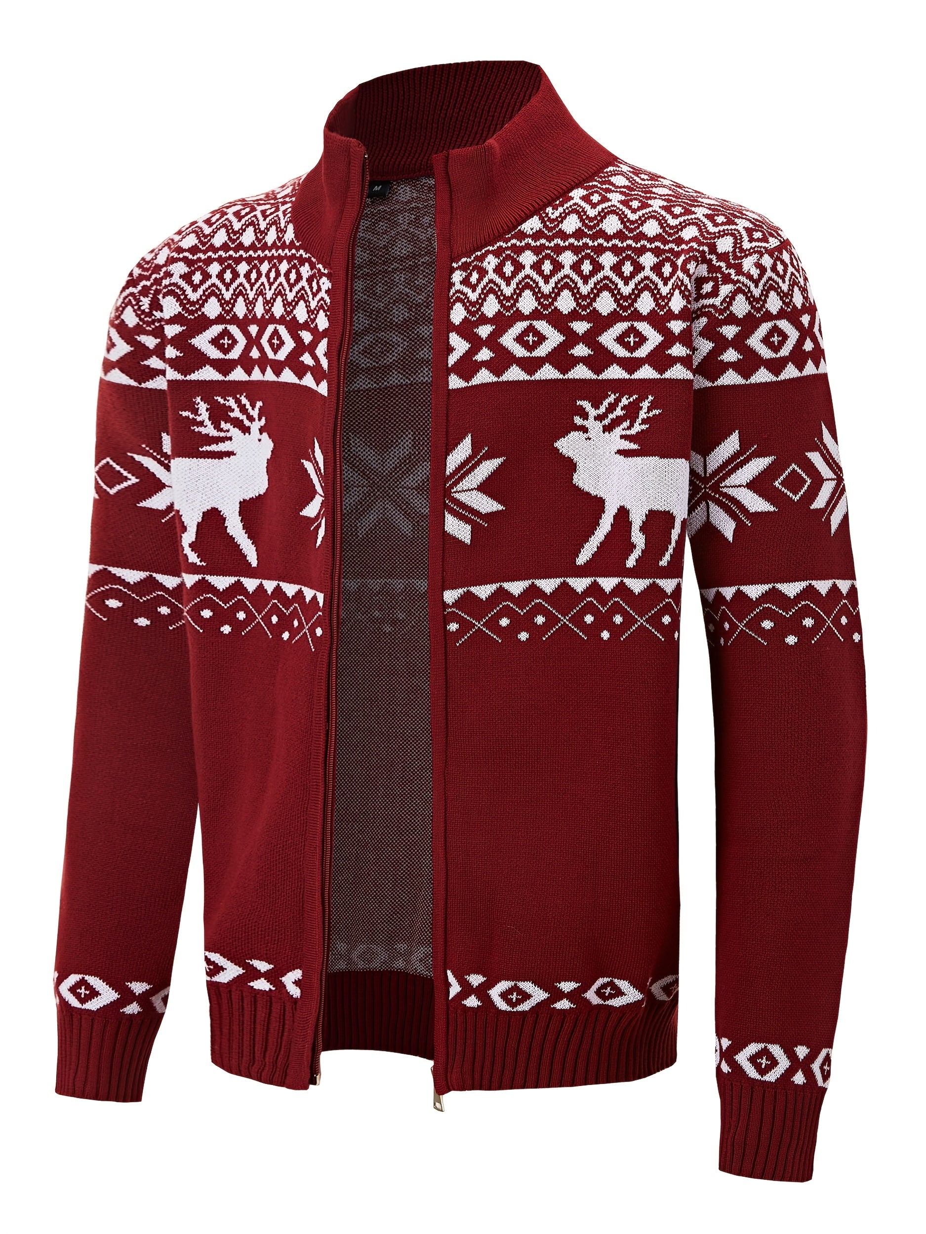 Men Christmas Reindeer Pattern Casual Knit Zip Cardigan