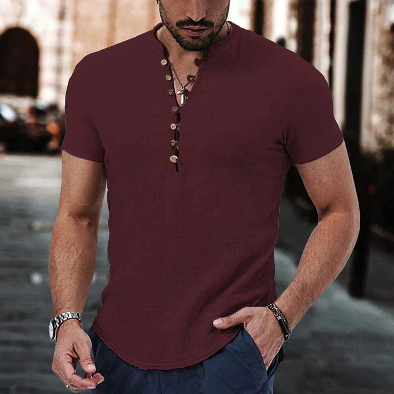 Men’s Henley Shirt – Cotton-Linen Blend – Slim Fit – Short Sleeve Casual Look - Solorfit