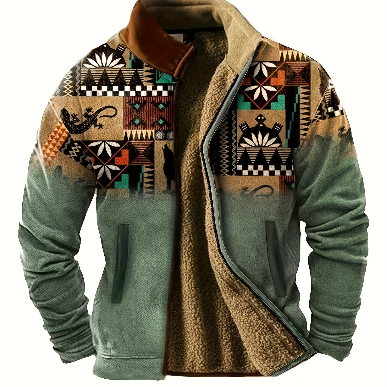 Men’s Southwestern Fleece Jacket – Full-Zip Tribal Print Coat | Warm Winter Outdoor Style