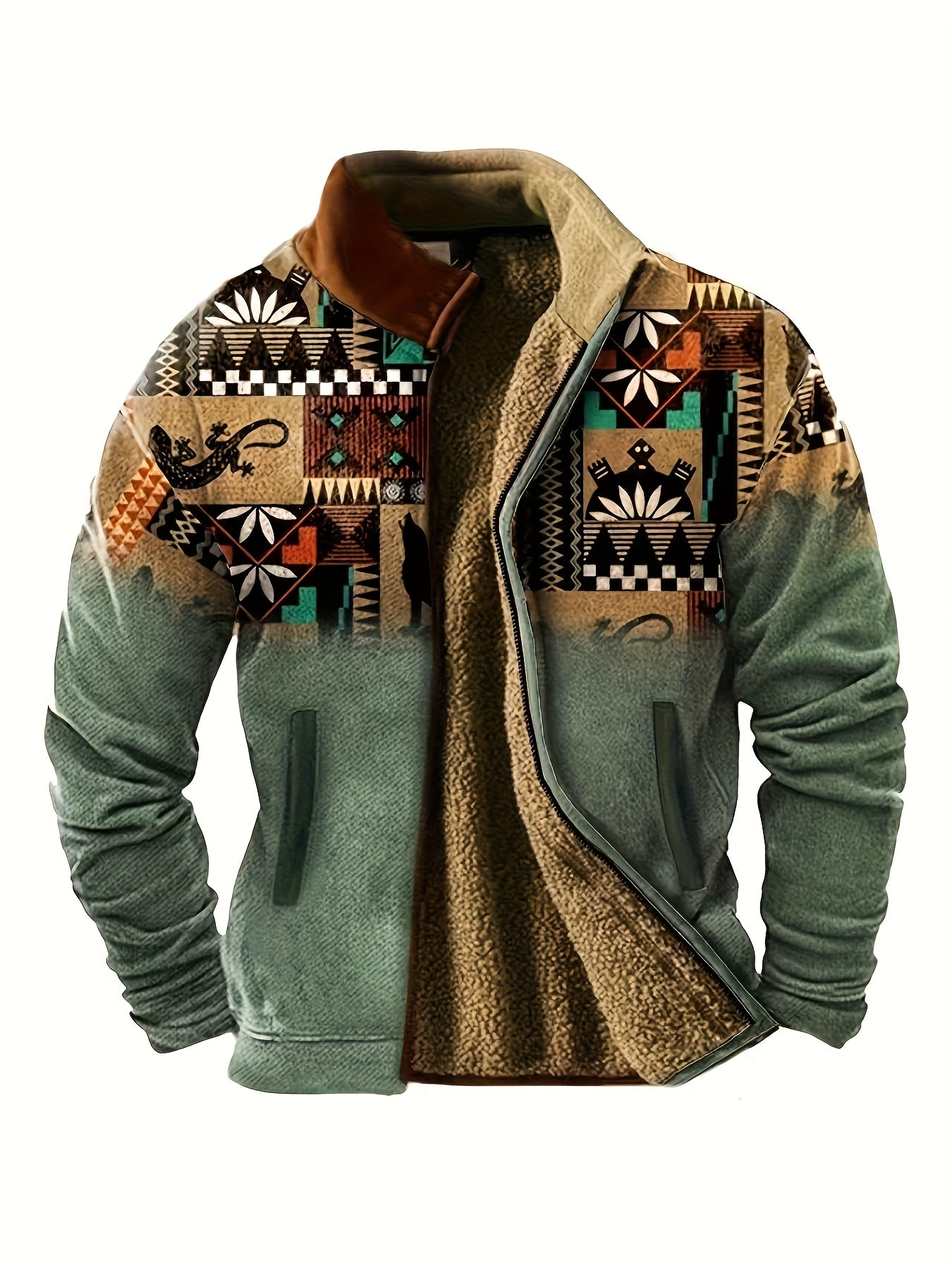 Men’s Southwestern Fleece Jacket – Full-Zip Tribal Print Coat | Warm Winter Outdoor Style