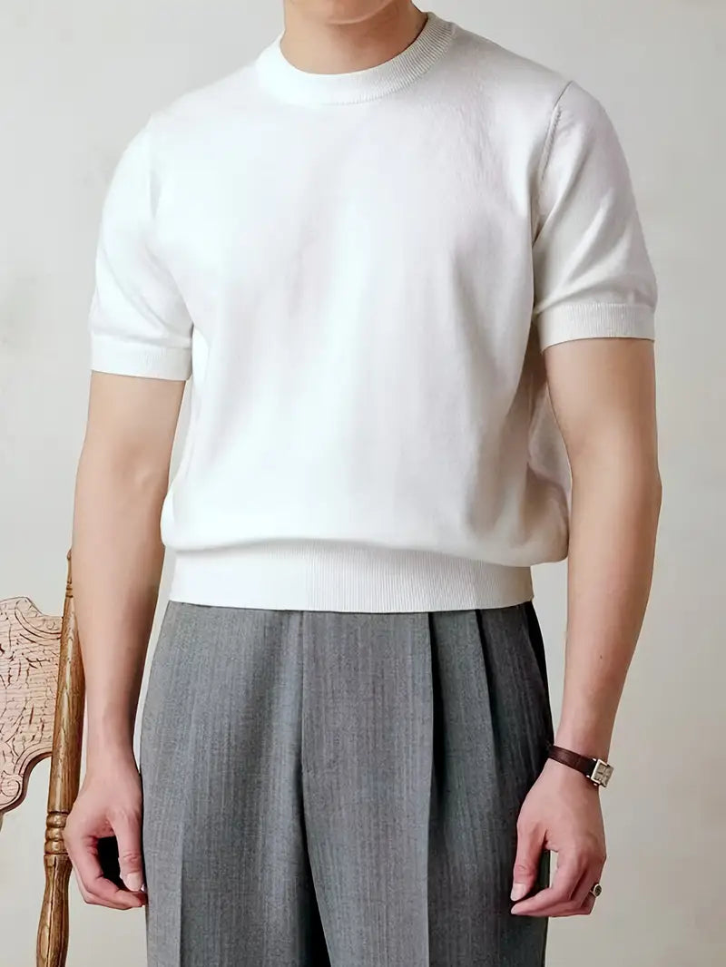 Solorfit | Men's Relaxed Knit T-Shirt – Short Sleeve Round Neck with Ribbed Detailing, Breathable Solid Color Tee - Solorfit