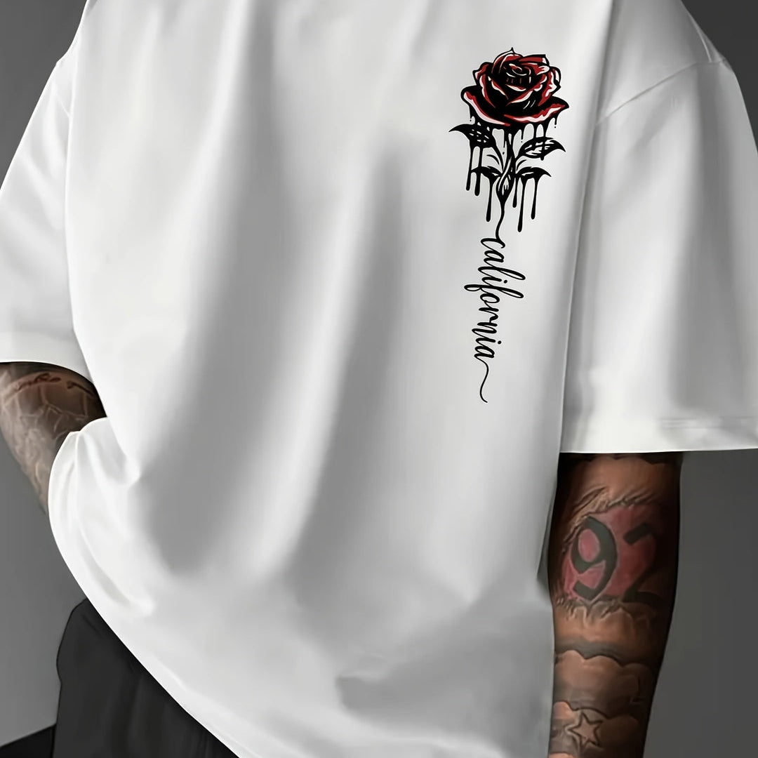 Men’s T-Shirt | Rose Print & Loose Fit | Crew Neck | Summer Style