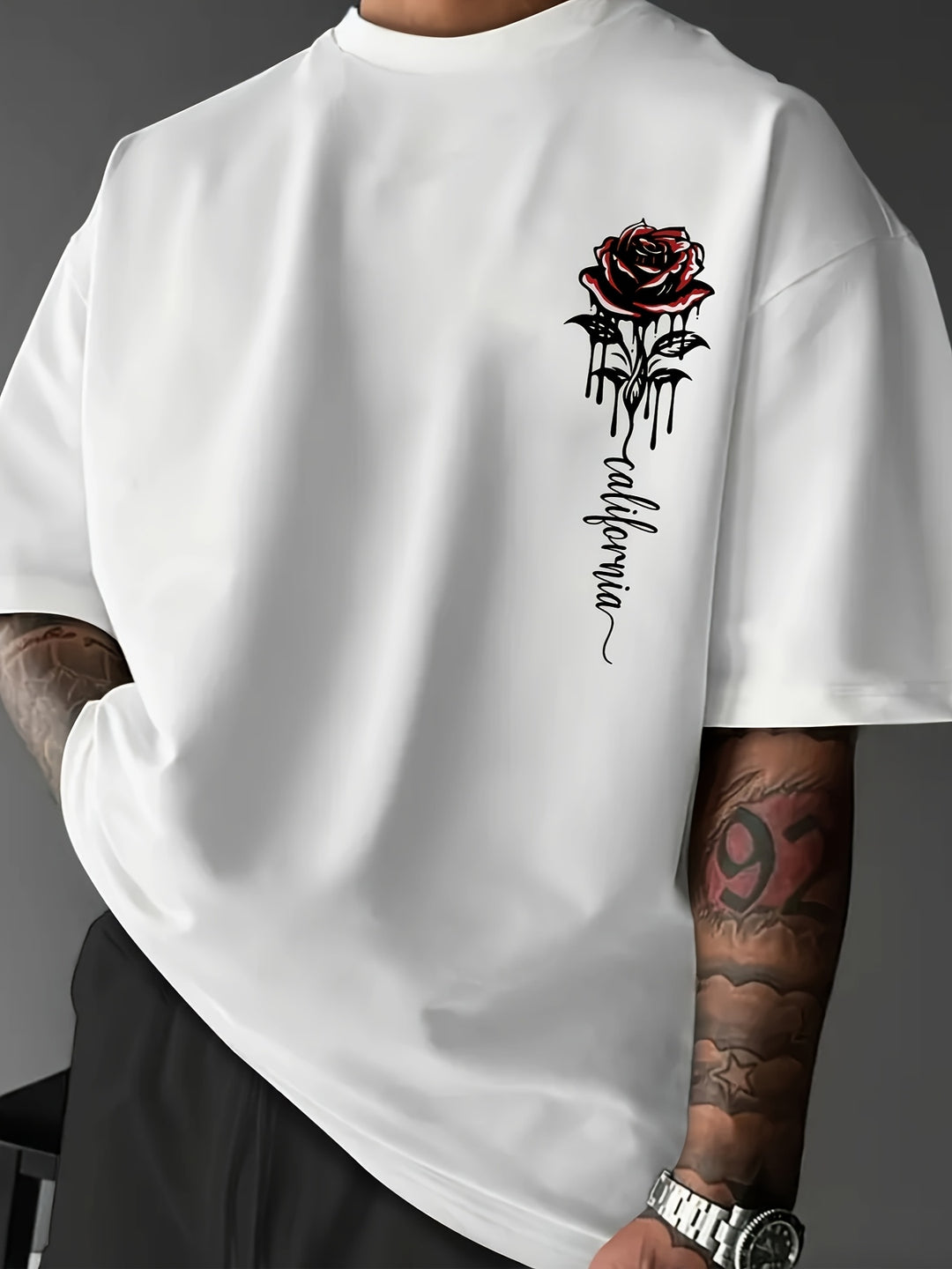 Men’s T-Shirt | Rose Print & Loose Fit | Crew Neck | Summer Style