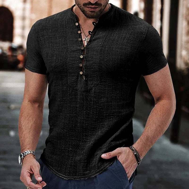 Men’s Henley Shirt – Cotton-Linen Blend – Slim Fit – Short Sleeve Casual Look - Solorfit