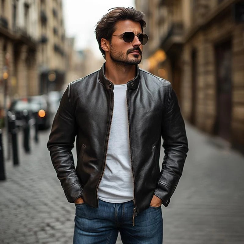Men’s Leather Jacket – Slim Fit – Stand Collar – Zip Front – Minimalist Design