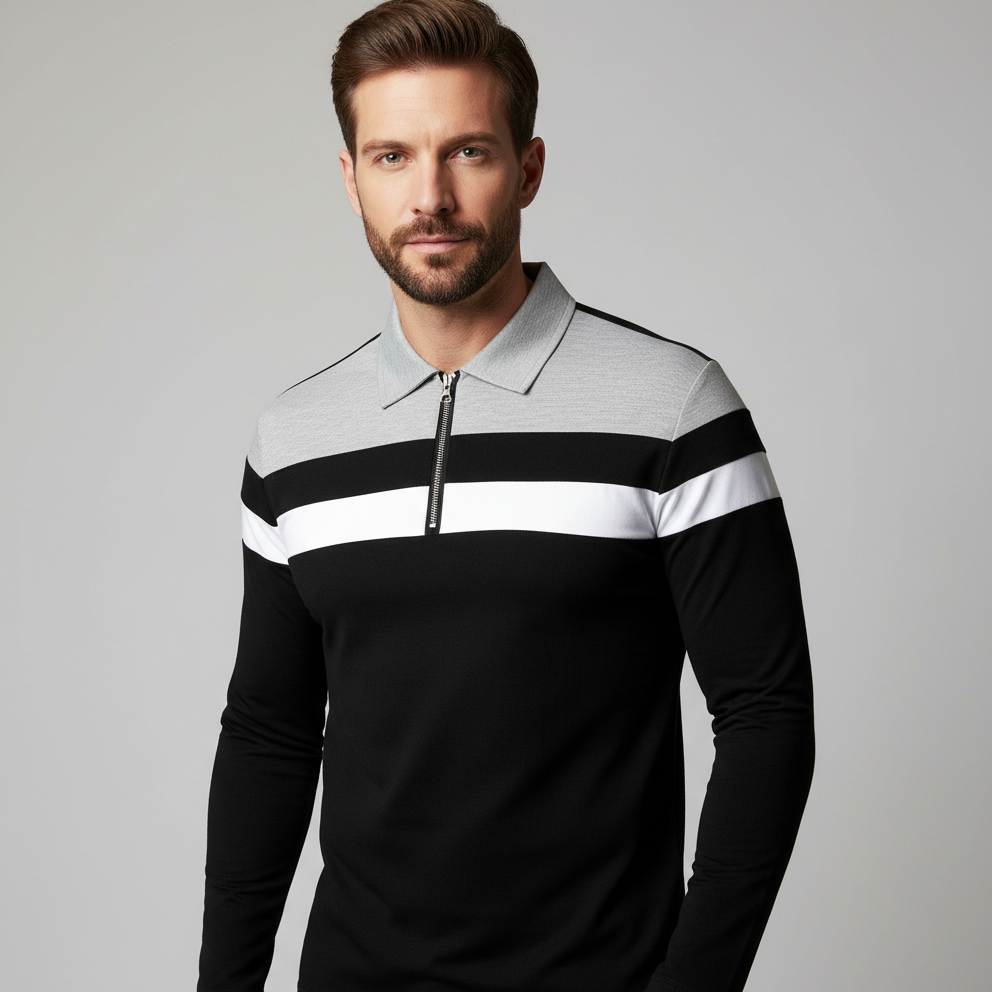 Black Long Sleeve Polo Sweater – Men’s Comfortable Casual Button Collar Top
