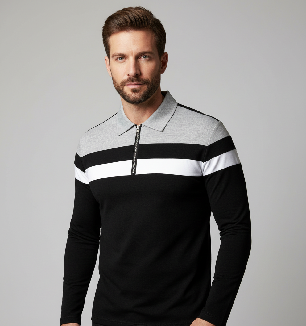 Black Long Sleeve Polo Sweater – Men’s Comfortable Casual Button Collar Top