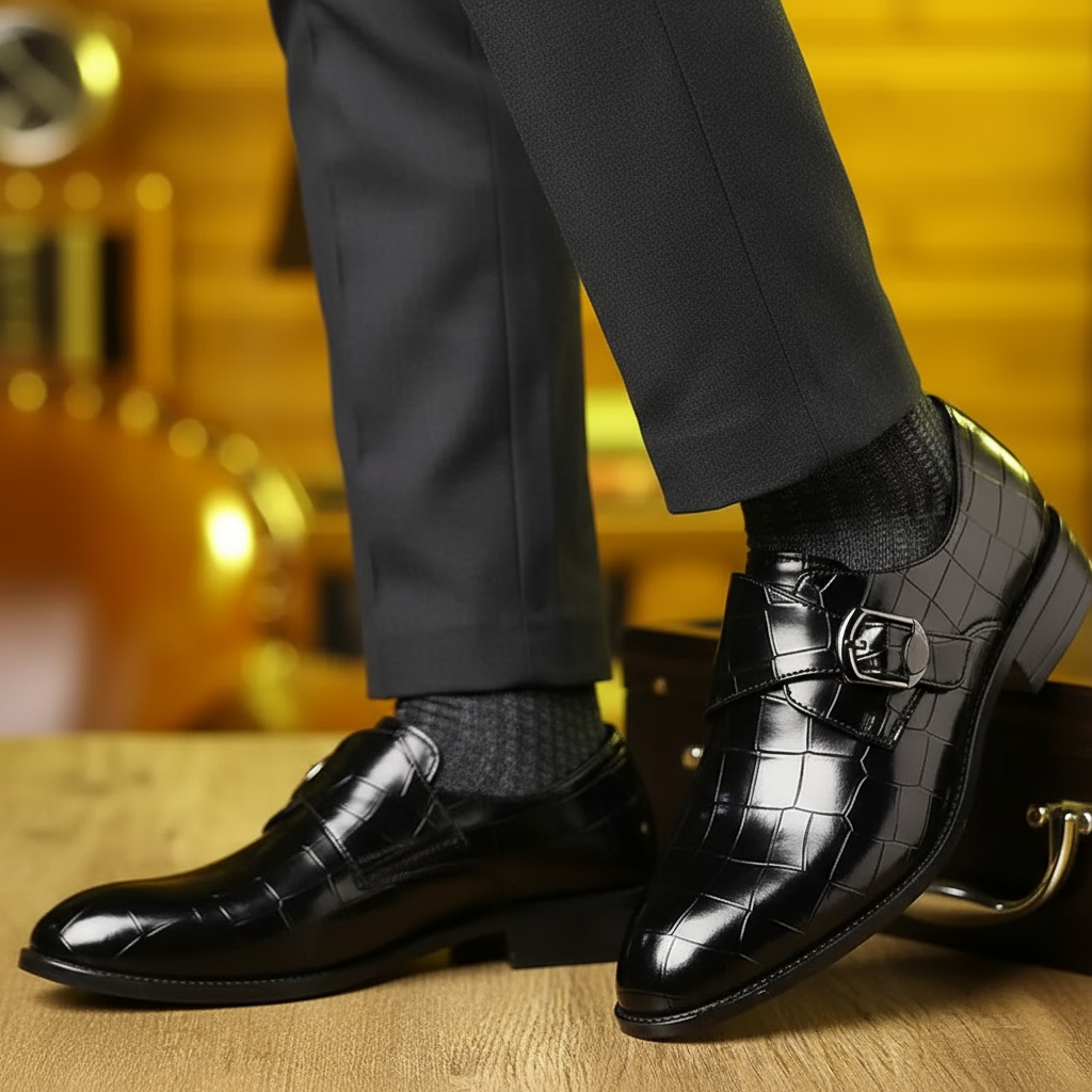 Solorfit | Crocodile-Pattern Slip-On Loafers for Men – Stylish Buckle Details & Tapered Toe