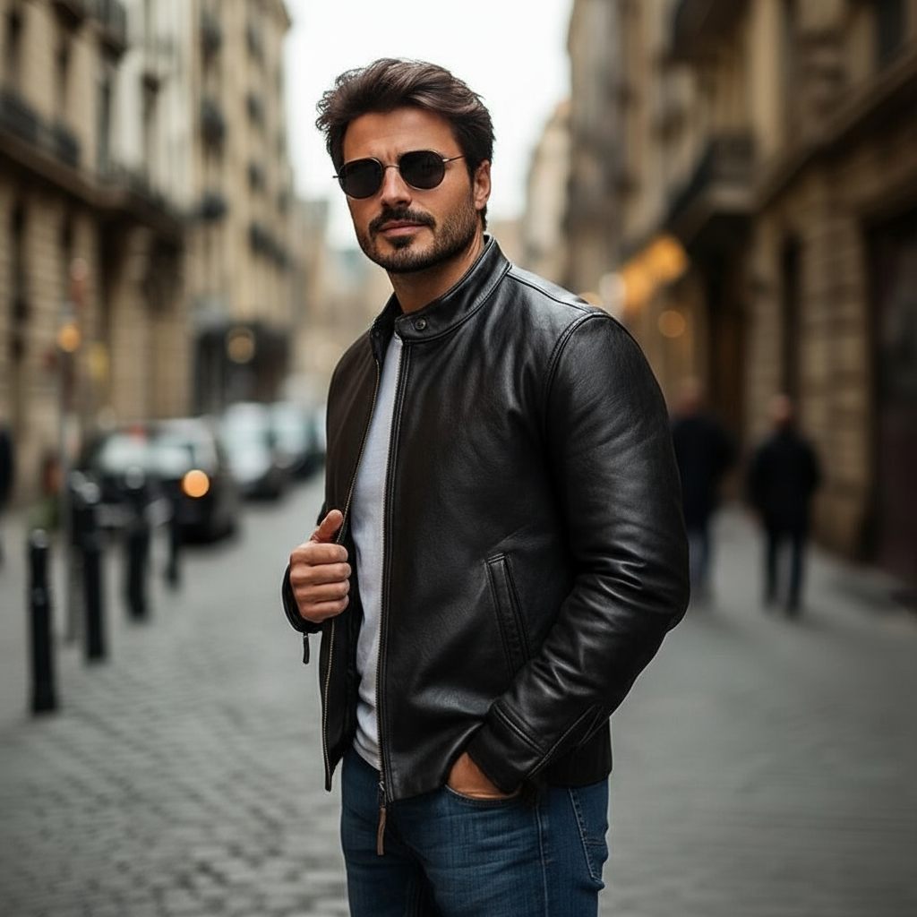 Men’s Leather Jacket – Slim Fit – Stand Collar – Zip Front – Minimalist Design - Solorfit