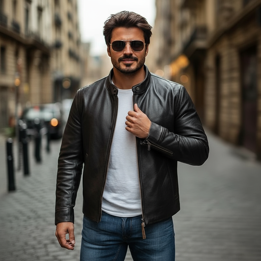 Men’s Leather Jacket – Slim Fit – Stand Collar – Zip Front – Minimalist Design - Solorfit
