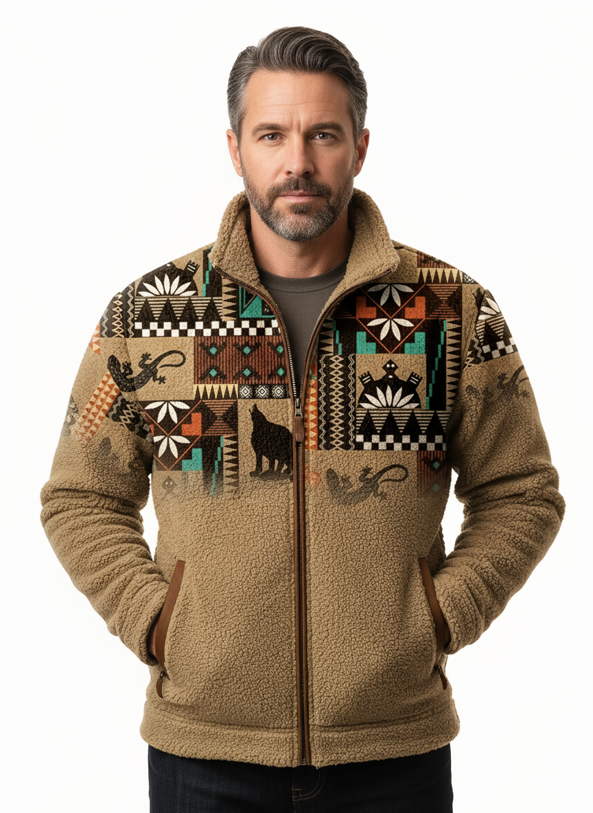 Men’s Southwestern Fleece Jacket – Full-Zip Tribal Print Coat | Warm Winter Outdoor Style
