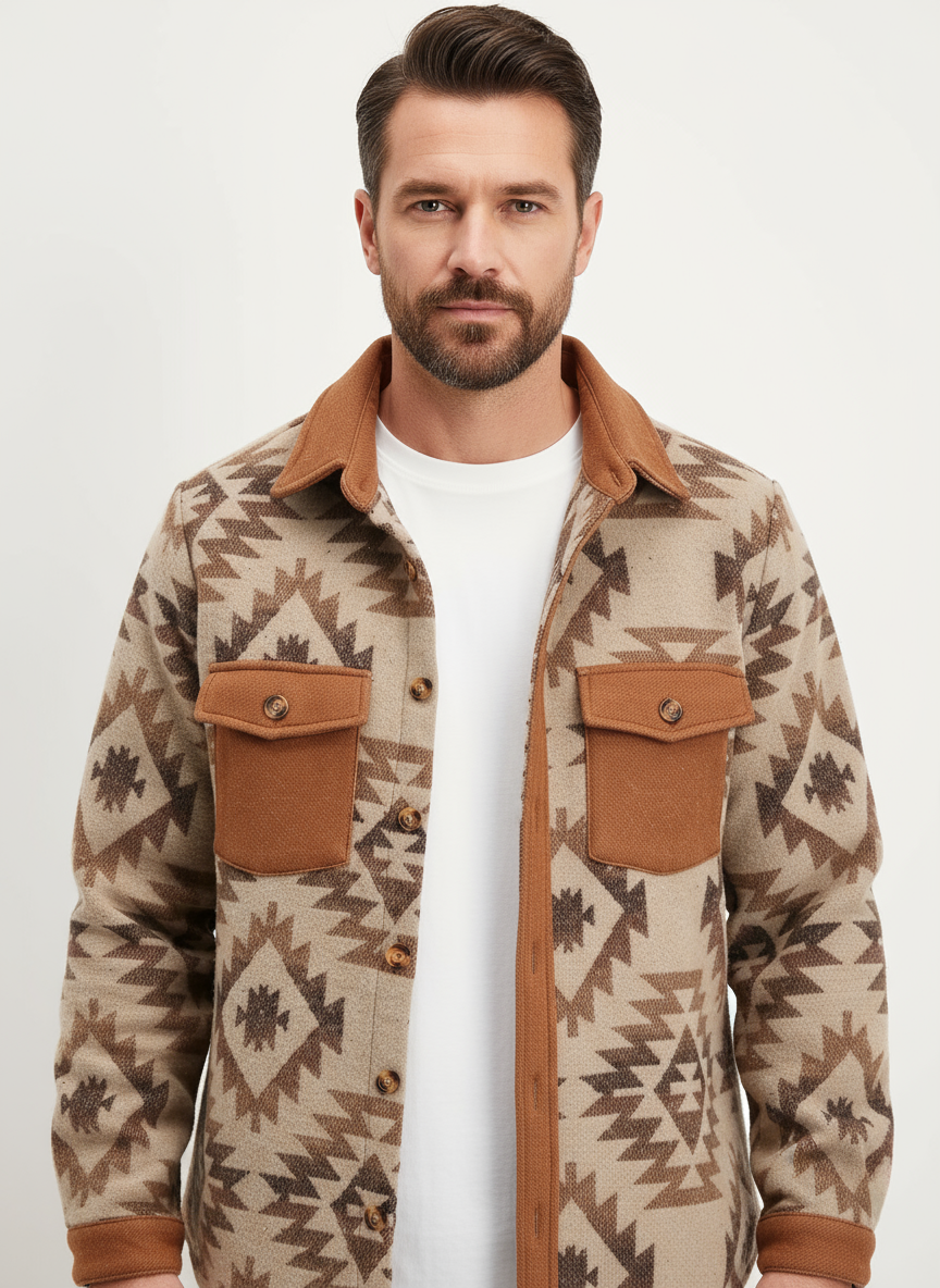 Men's Ethnic Aztec Print Single-Breasted Jacket with Front Pocket Design