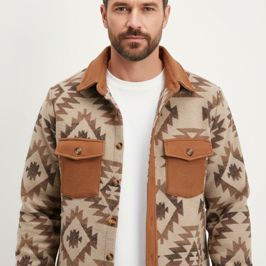 Men's Ethnic Aztec Print Single-Breasted Jacket with Front Pocket Design