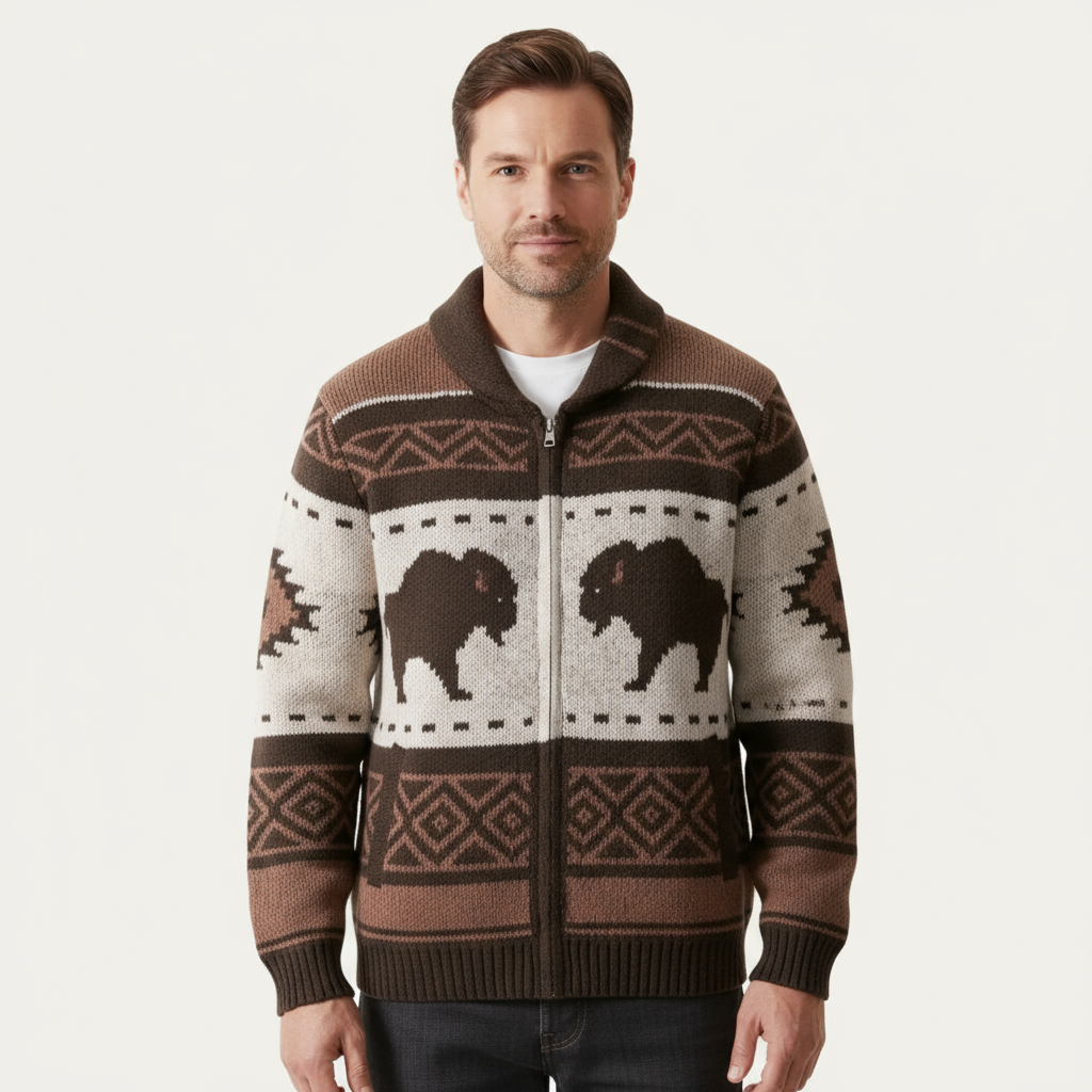 The Andrews Men's Retro Buffalo Print Winter Cardigan
