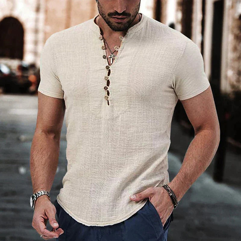 Men’s Henley Shirt – Cotton-Linen Blend – Slim Fit – Short Sleeve Casual Look - Solorfit