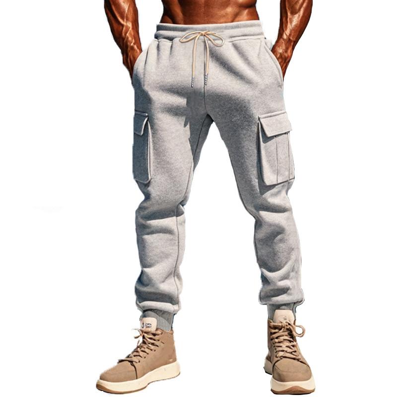 Men's Solid Color Plush Elastic Waist Multi-pocket Sports Pants 92171594Z