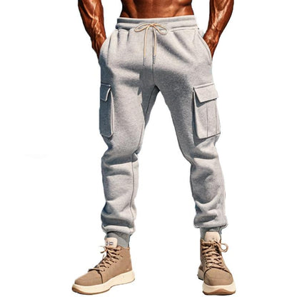 Men's Solid Color Plush Elastic Waist Multi-pocket Sports Pants 92171594Z