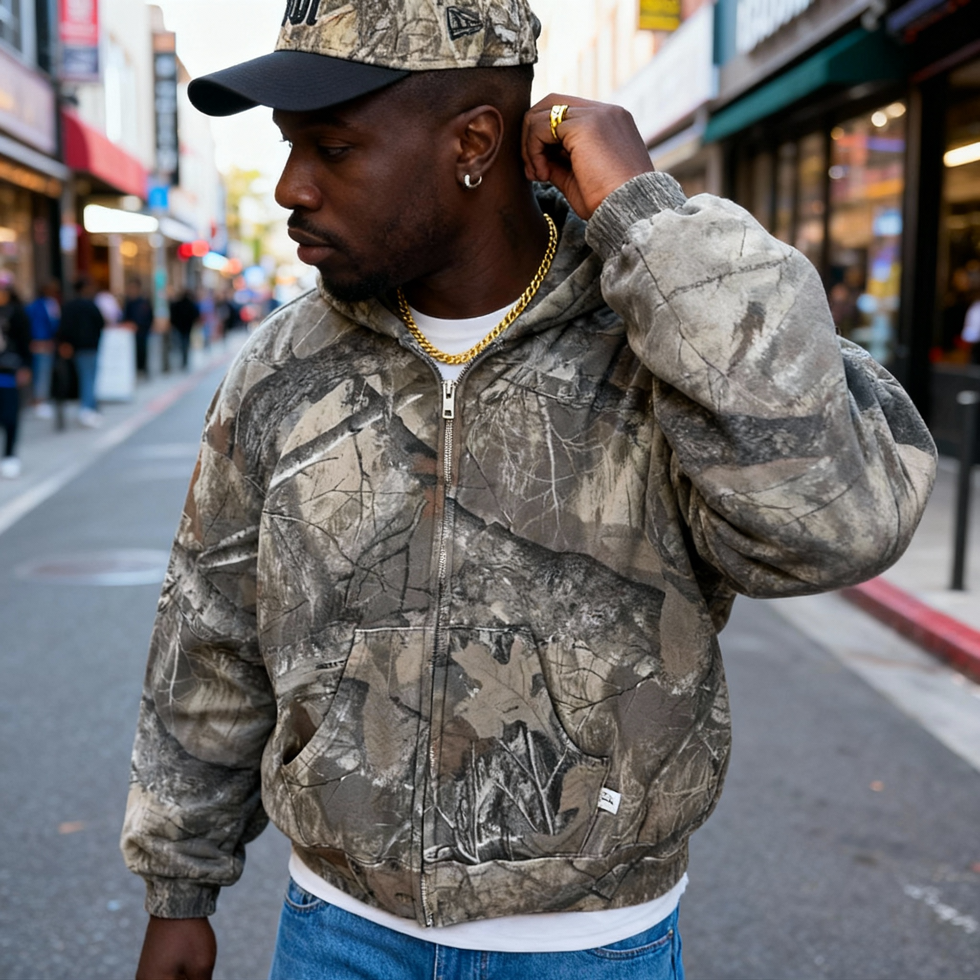 Camo Hoodie Sweater Streetstyle with Fleece Lining for Men