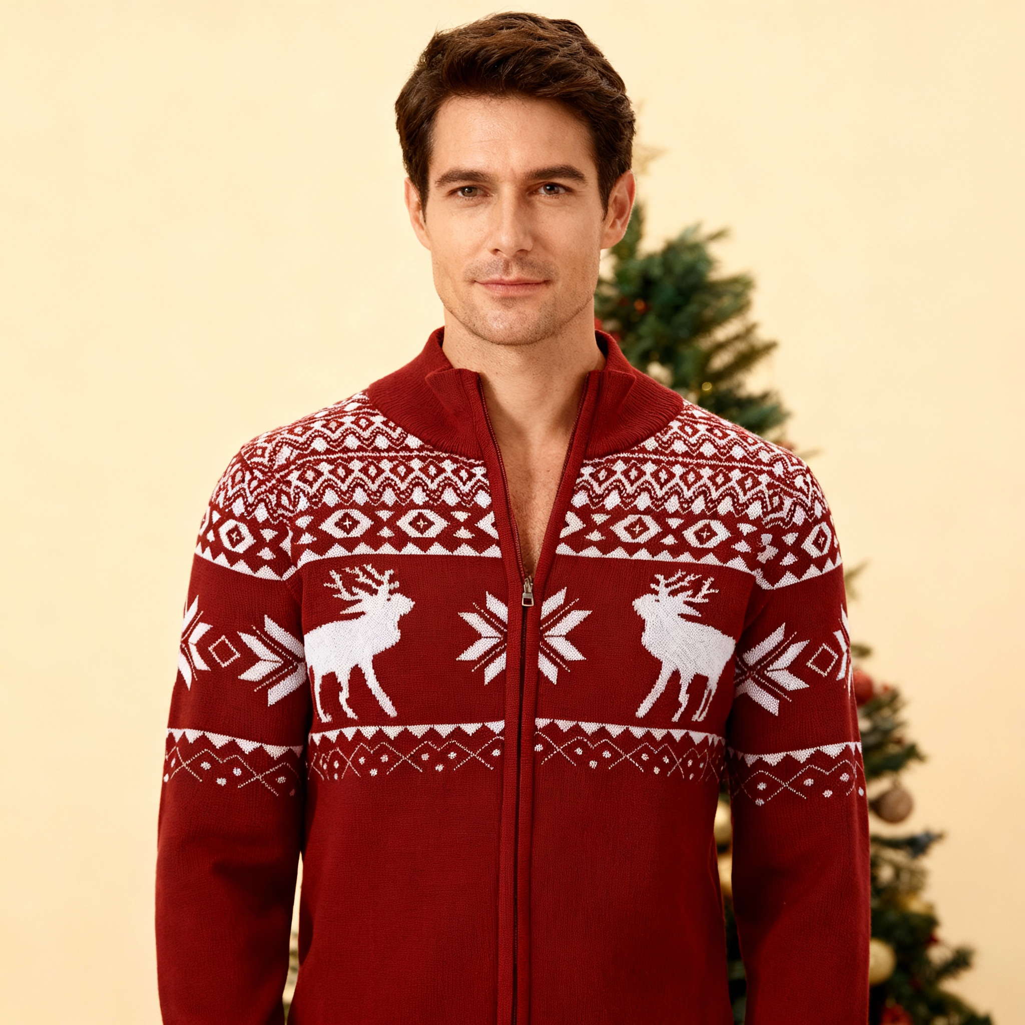 Men Christmas Reindeer Pattern Casual Knit Zip Cardigan