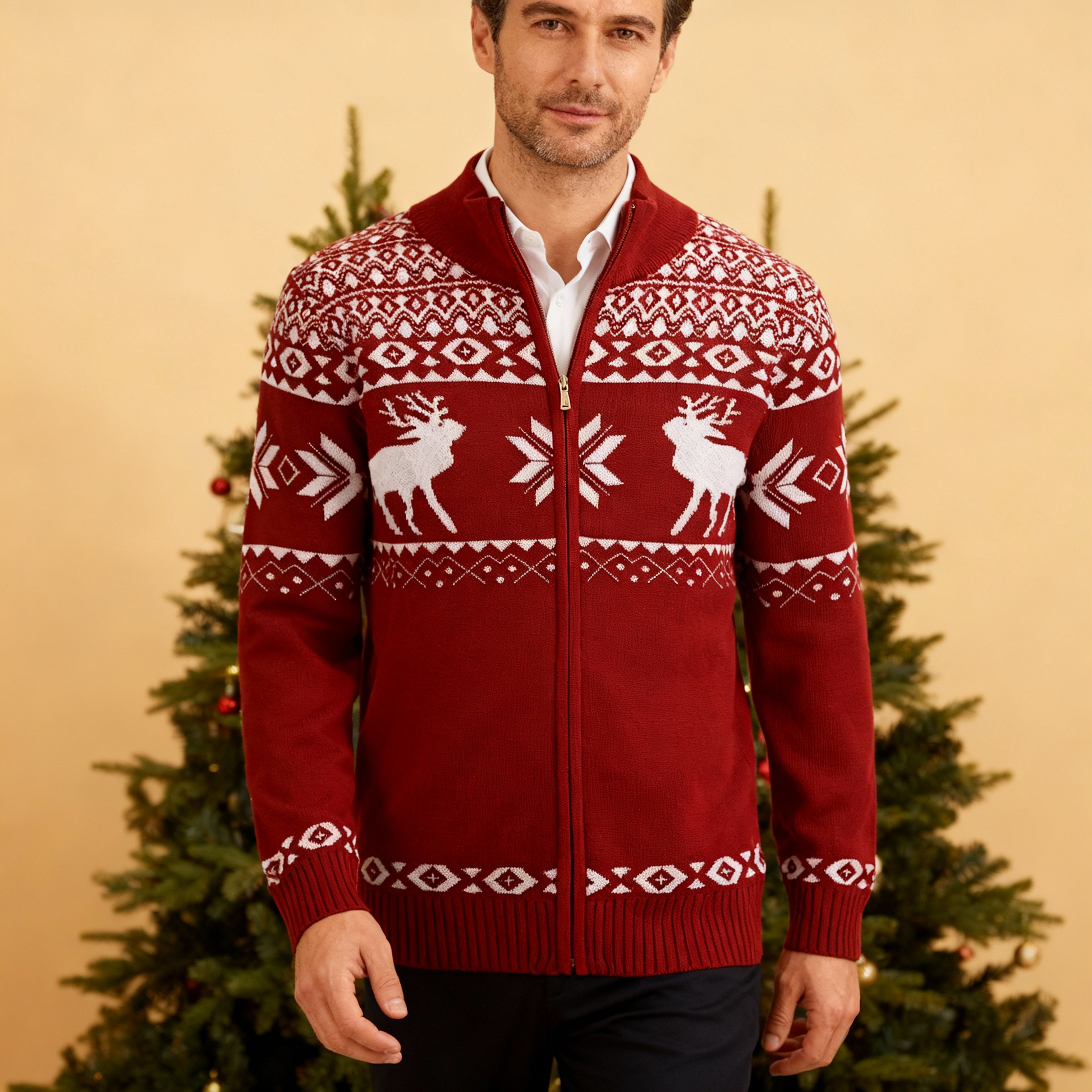Men Christmas Reindeer Pattern Casual Knit Zip Cardigan
